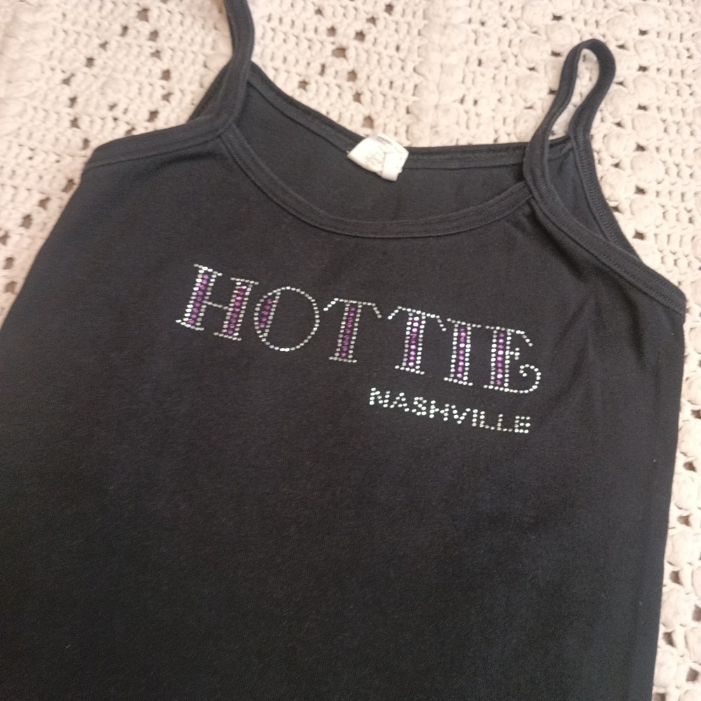 Vtg Y2k Hottie Nashville Cami Tank Top Black Rhinestones Spaghetti Strap Street‎